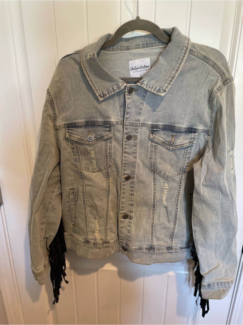 Chelsea DeBoer by Lily &Lottie Gray Distressed Denim Jacket with Fringe Sides